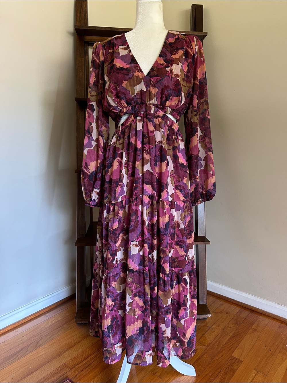 Sofia Jeans Plum and Pink Floral V-Neck Tiered Maxi Dress Peek-a-Boo Waist